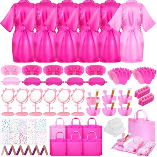 Guifizeiom Spa Party Supplies for Girls 6 Satin Robes Kids Spa Birthday Sleepover Supplies Kit(5 Rose 1 Pink)