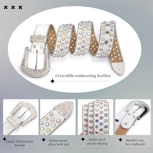 Genuine Leather Unisex Western Rhinestone Belt, Bling Diamond Studded Leather for Jeans and Pants4