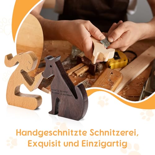 MagiDeal Mann und Hund Holzstatue Holzskulptur Hundefiguren Ornamente, Holzmann Hund Schnittmodell Handgeschnitzter Holz Hund Menschliche Statue für Männer Frauen Zuhause Regal Dekor Schreibtisch
