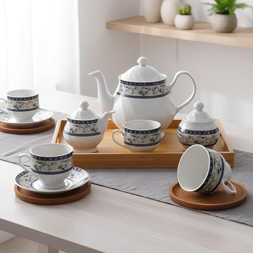 Image of U.P.C. Tea Set With Kettle And Saucer For 6 Servings, 15 Piece Ceramic Tea Service Set Including 6 Cups, 6 Saucers, 1 Kettle, 1 Milk Pot, 1 Sugar Pot, 800 Milliliters Capacity
