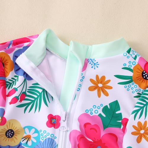 Image of IZYJOY Girl Long Sleeve Swimsuits Ruffle One Piece Rash Guard Bathing Suits Kids Floral UPF 50+ Zipper Swimwear 7-12Y