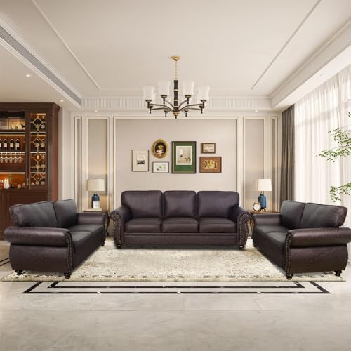 Image of Couchus 88 inch W Living Room Furniture Sets, Mid-Century Vintage Faux Leather Sofa and Couch Sets, Loveseat and Sofa Set with Nailhead Trim (Brown, 2 Loveseat+3 Seater)