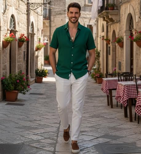 Image of Glowic Men Linen Shirt Casual Regular Fit Solid Stylish Summer Wear Shirt for Office Party Beach Holiday Lightweight Breathable Fashion Shirt