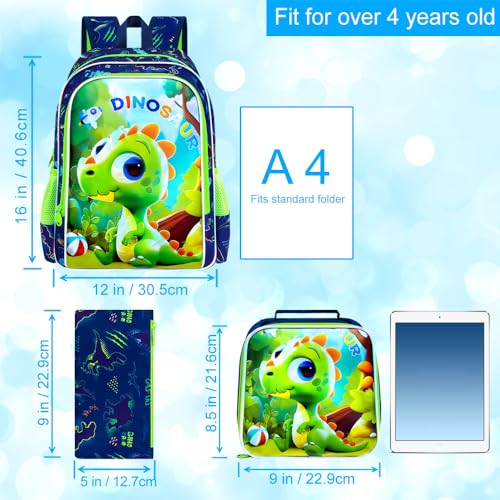 Image of 16 inch Dinosaur Backpack, 3Pcs Boy Bookbag for Elementary Preschool Kindergarten, Kids School Backpacks with Lunch Box (Green)