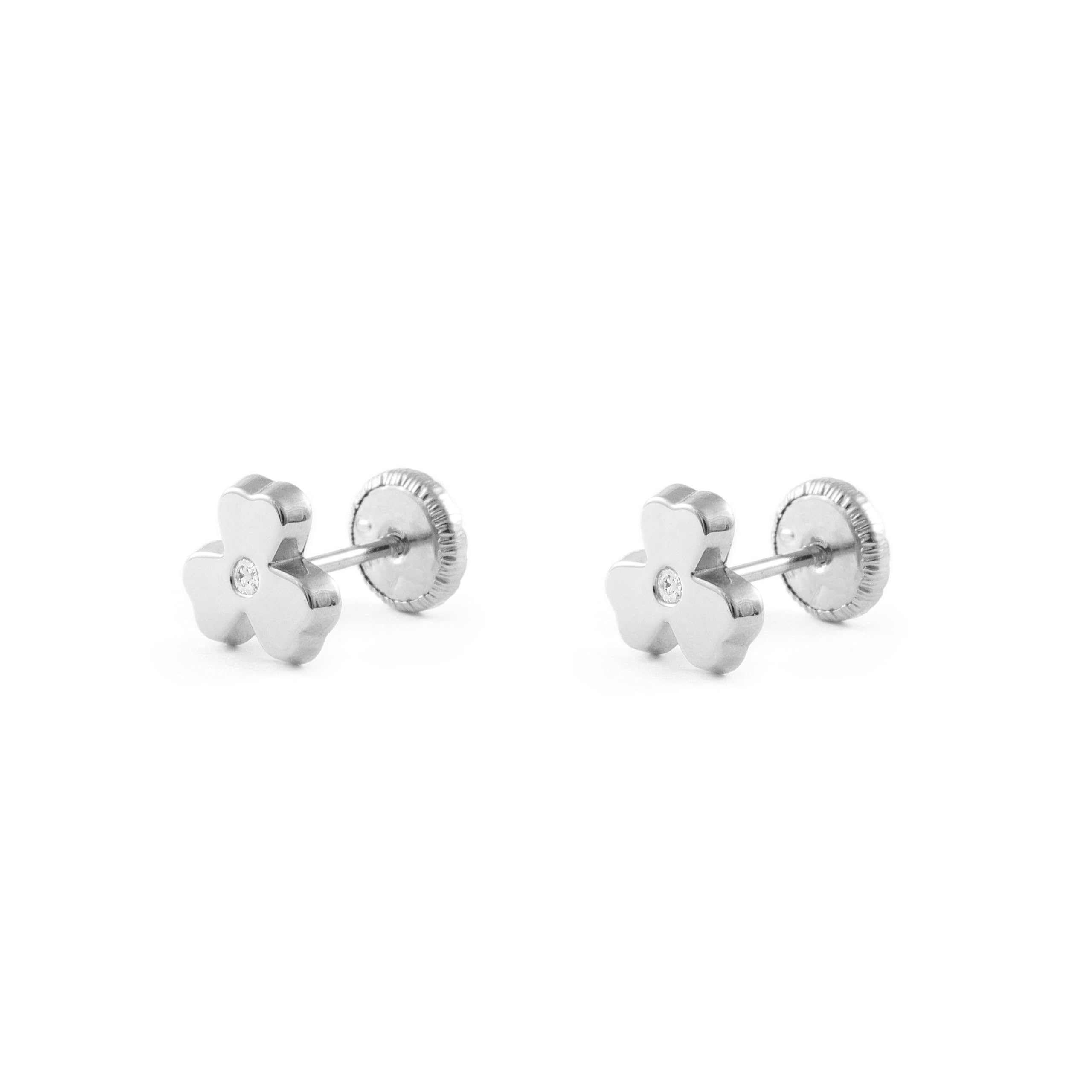 Damen & Kinder Klee Ohrstecker - Weißgold 9 Karat (375) - Geschenkbox - Garantiezertifikat