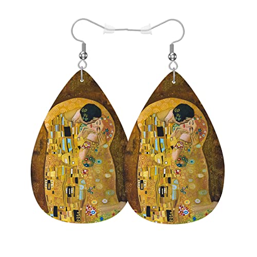 Vosach Batik Painting Leather Teardrop Hook Earrings Vintage Abstract Couple Kiss Floral Folk Art Elegant Earrings For Women Friends Dangle Earrings