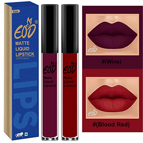 Image of EOD Elite Collection Long Lasting Waterproof 100% Vegan Made in India Matte Liquid Lipstick Combo of 2 Lip Gloss(Wine, Blood Red)