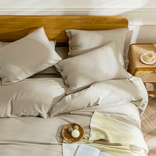 Image of JELLYMONI Cotton Duvet Cover Queen Size - Linen Gray Comforter Cover with Button 100% Washed Cotton 3PCS Breathable Soft Solid Bedding Set Duvet Cover 90x90in & 2 Pillowcases (NO Comforter)