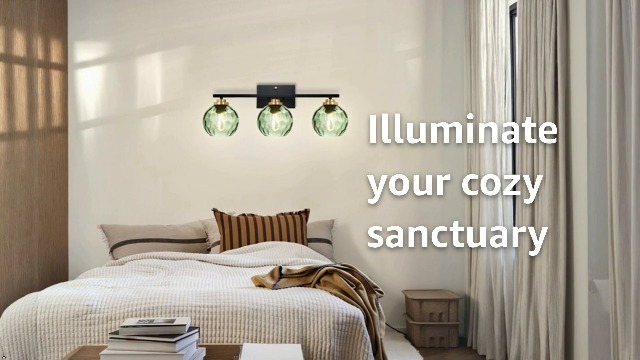 Image of Glass Bathroom Vanity Light Matte Black Mid Century Wall Light Fixtures 3-Light 23.6 Inch Green Globe Shade Indoor Green Glass Wall Sconce for Bedroom Hallway Bedside