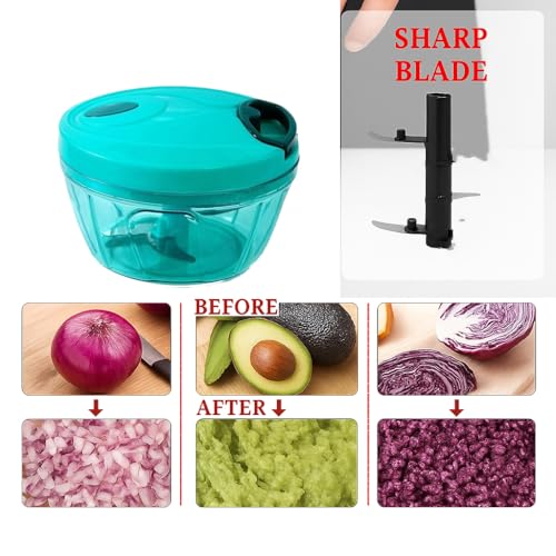 Image of Manual Food Chopper with Pull Cord, 3 Stainless Steel Blades - 450ml Vegetable, Fruit & Onion Cutter - Multipurpose Kitchen Tool (Green)