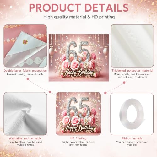 Image of Nuxovilar 65th Birthday Banner - Elegant Pink & Gold Floral Backdrop