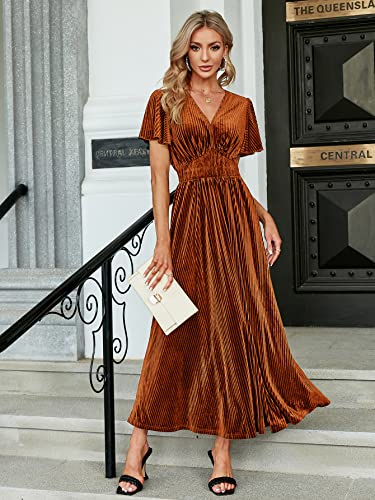 Image of Simplee Women's V Neck Velvet Maxi Dress Short Sleeve Empire Waist Long Formal Dress for Wedding Guest