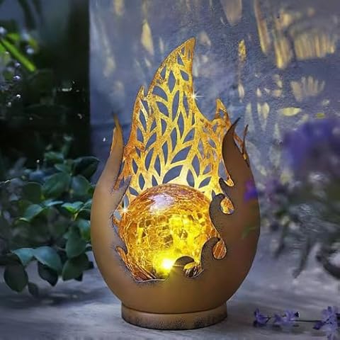 Huaxu Solar Garden Lights Outdoor Decor Waterproof Cracked Glass Globe with Copper Flame Effect, Table Decorations LED Lamp Gift for Halloween Christmas Patio Lawn Yard Pathway Garden Lovers Cover