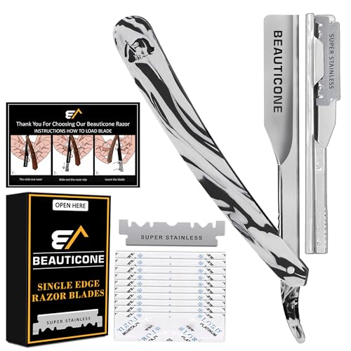 Image of BEAUTICONE Straight Razors for Men - Professional Barber Straight Edge Razor Kit with Replaceable Single Edge Blades - Navajas Para Barbero - Pouch Gift Box (Marble (Mirror Finish))