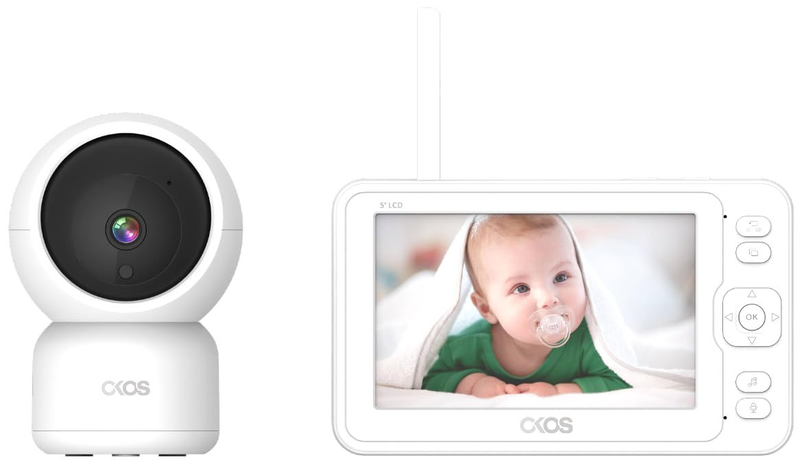Okos Smart Baby Monitor 5' Display, 1080p Camera, HD Night Vision, Remote PTZ, 2-Way Talk, Lullabies and Temperature Detection