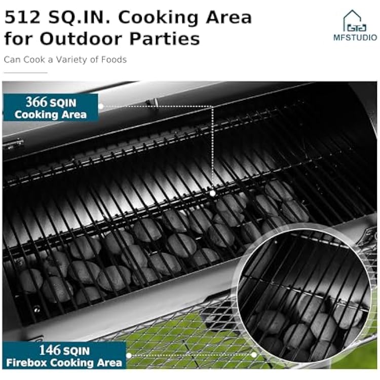 MFSTUDIO Heavy Duty Charcoal Wood Offset Outdoor Smoker Grill, Charcoal Grill with Smoker Combo for BBQ Grilling, 512 SQ.IN.