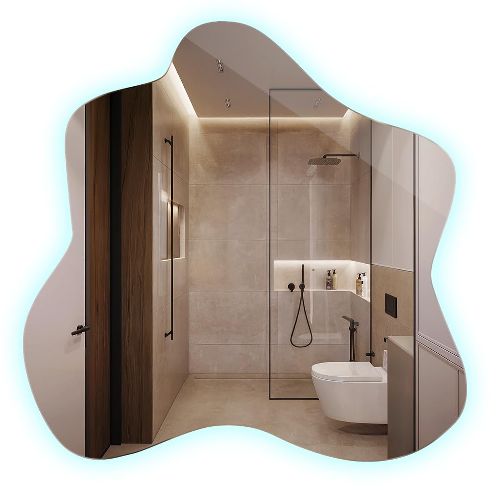 Grande Specchio Con Luci 77,3x76,6 cm Forma Irregolare Organico LED Illuminazione per Soggiorno Bagno Camera da Letto il Corridoio Bianco Freddo da Trucco Moderno Design Senza Cornice Asimmetrico