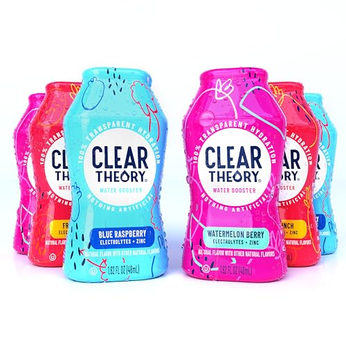 Image of Clear Theory Water Flavoring Drops with Electrolytes, Water Enhancer Liquid Flavored Water Drink Mix, Hydration for Kids, Vegan, Gluten Free, Low Calorie, 6 Pack (Fruit Punch, Blue Raspberry & Watermelon Berry)