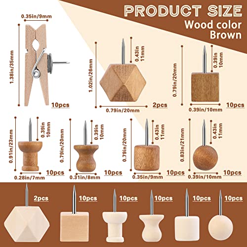 114 Pcs Wood Push Pins, 2 Colors And 7 Types Decorative Thumb Tacks Wooden Head Pin Wood Map Tacks Marking Pin, Wood Thumb Tacks Decorative For Bulletin Boards Craft Projects With Storage Box #TOP1