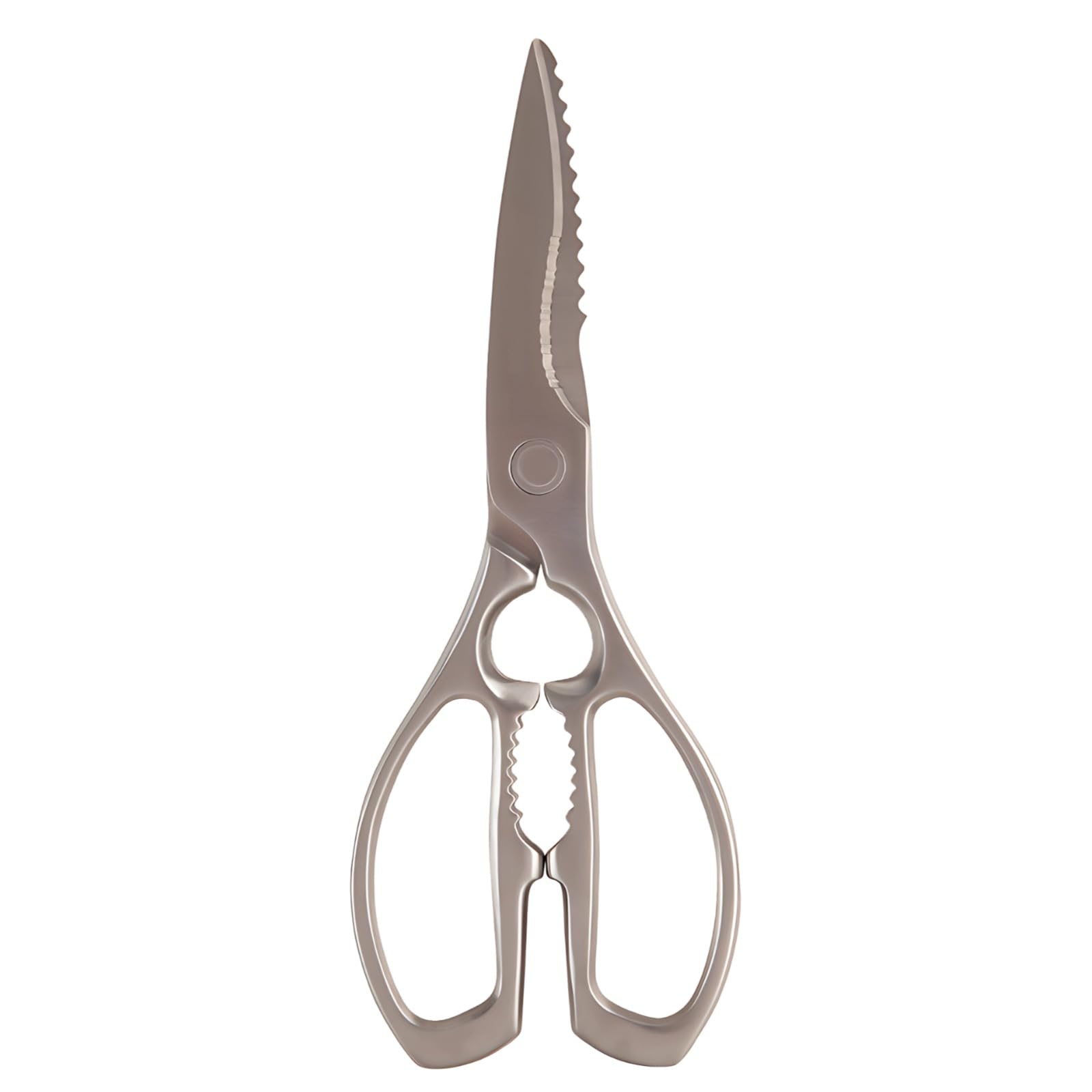 Küchenschere Multi Purpose, robuste Metallschere für Küche und Haushalt, aus Edelstahl, für Fleisch und Gemüse, mit Flaschenöffner, gezahnter Klinge und Maßangaben
