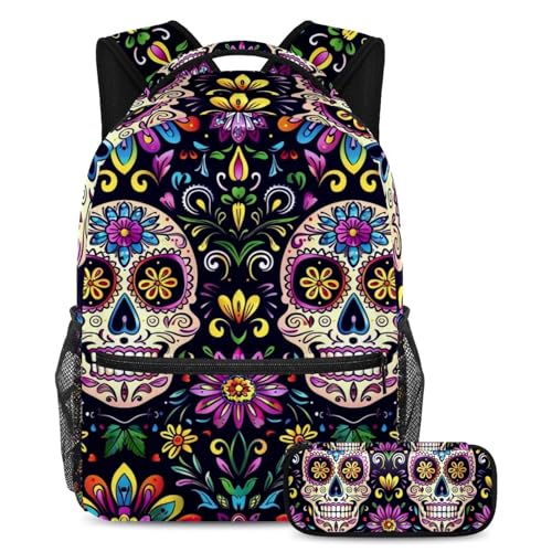Sac à dos Art Day of the Dead Sugar Skull avec trousse assortie pour l'école