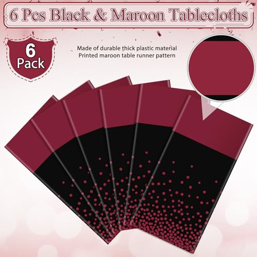 Image of MASHAN 6Pcs Black Maroon Tablecloths, Rectangular Plastic Table Covers, 54x108 Inch, Polka Dot, Stain Resistant, Party Decorations