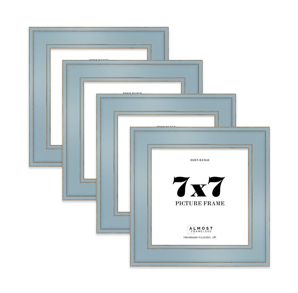 7x7 Cornflower Blue Picture Frame - Shabby Chic Photo Frame with Distressed Finish, Gold Trim, Wall Hooks and Kickstand, 37mm Edge - 4 Pack