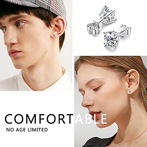 Sllaiss Sterling Silver Cubic Zirconia Stud Earrings for Women Men 14k White Gold Plated Round CZ Earrings for Sensitive Ear (6.5MM (2CT), SILVER)3
