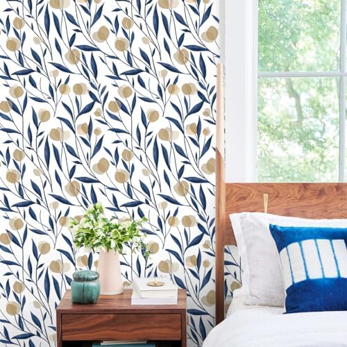 HAOKHOME 934011 Peel and Stick Wallpaper Boho Floral White/Navy/Tan