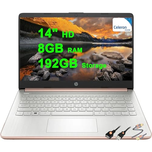 HP 14 軽量 ビジネス & 学生 ノートパソコン 14インチ HD アンチグレア Intel Celeron 4コア N4120 8GB RAM 192GB ストレージ (128GB eMMC + 64GB SDカード) USB-C 高速充電 長時間バ