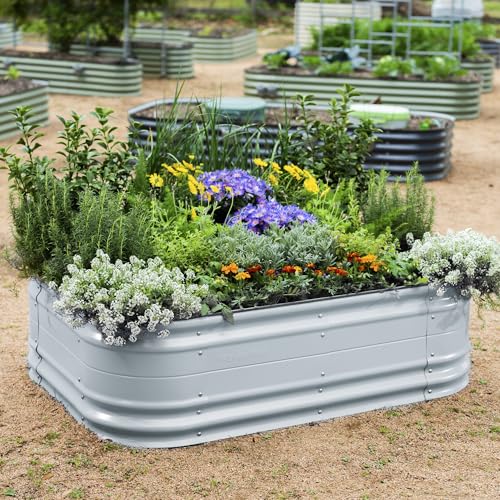 Vego garden 17" Tall 6 in 1 Novel Modular Raised Garden Bed Kit Metal Planter Box with 2 in 1 Wrench & Magnetic Plant Tags for Vegetables Flowers Fruits, Sky Blue