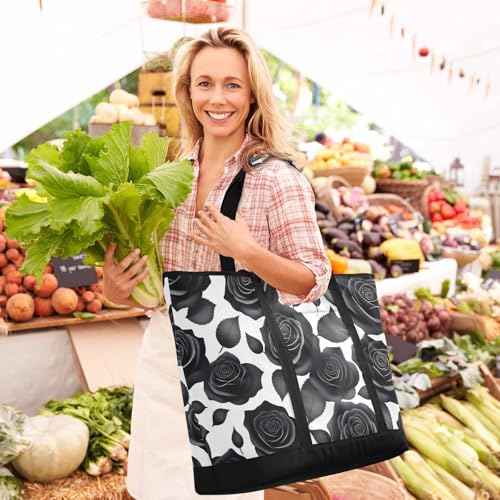 Large Insulated Reusable Tote Bag Roses Black White Seamless for Grocery Shopping for Women Men, Cooler Bag with Zippered Top & Handles for Travel Beach Picnic2