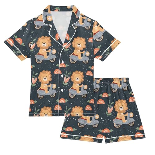 Funny Lion Flower Pajamas Set Summer Button Down Sleepwear Pjs Sets Comfy Loungewear