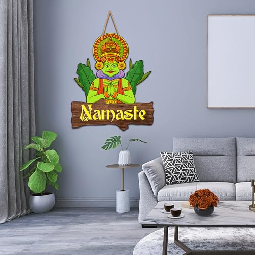 Image of Decor Smart Wooden Wall Hanging | Decorative Wall Art | Traditional Namaste Plaque with Kathakali Design | Indian Style Home Decor Accent | Decoration for Bedroom | Entryway & Living Room (DWA 8703)