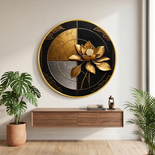 Image of SAF Golden Lotus Wall Painting Round PVC Frame Geometric Luxury Abstract Art Black Gold Modern Design for Living Room Bedroom Office Home Wall Decor (23 x 23 Inch) GR-401