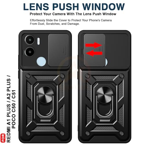 Image of Armor Bumper Back Cover Case for Redmi A1 Plus /Poco C50 Rotating Camera Cover, Ring Holder & Kickstand | Heavy Duty & 360 Degree Protection Redmi A1 Plus /Poco C50 Back Cover (Black)