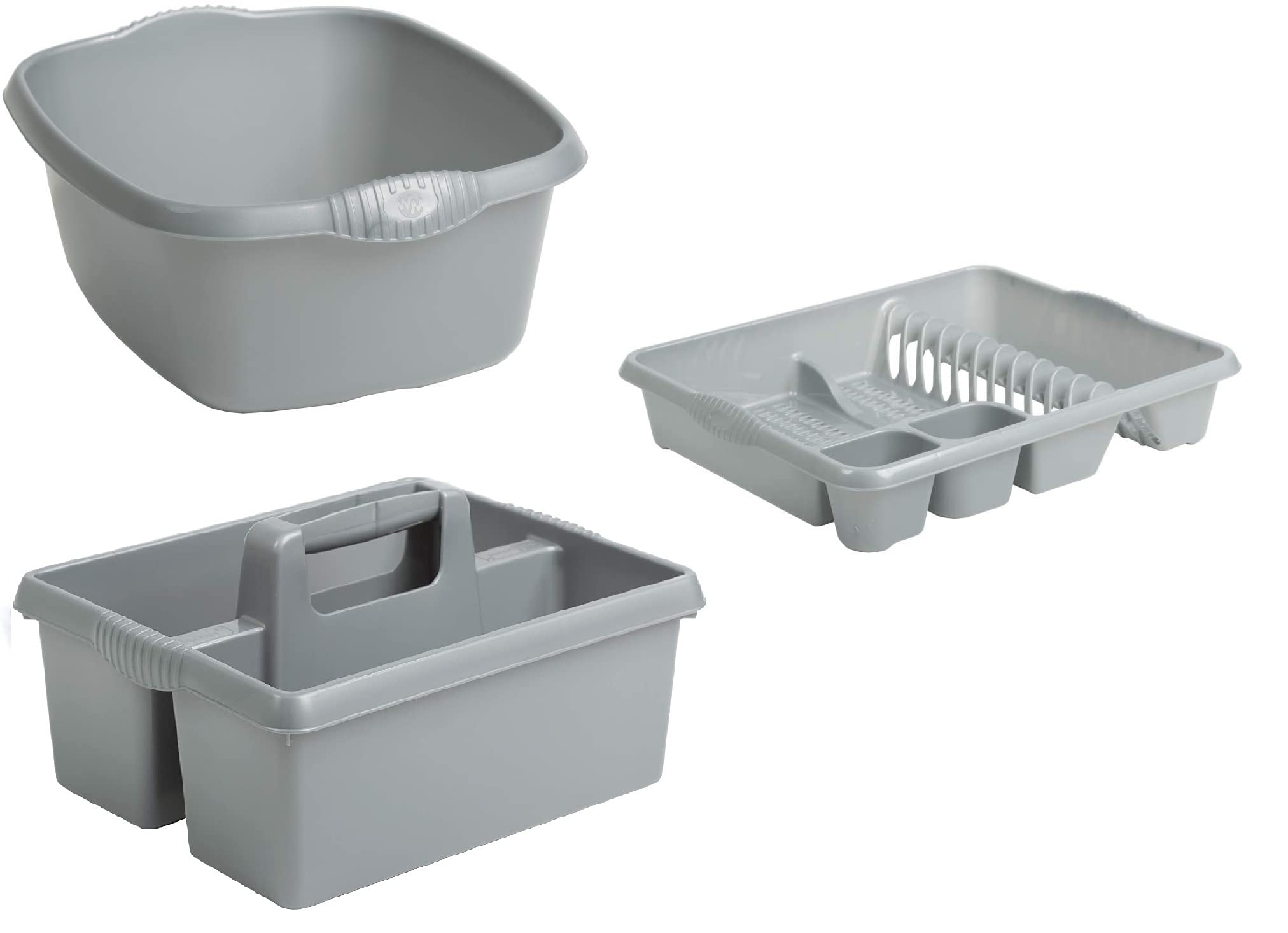 Homey Mart Kitchen Sink Organiser Set Plastic Large Dish Drainer Rectangular Washing Up Bowl and Kitchen Tidy/Organiser Caddy (Silver/Grey)- Set of 3