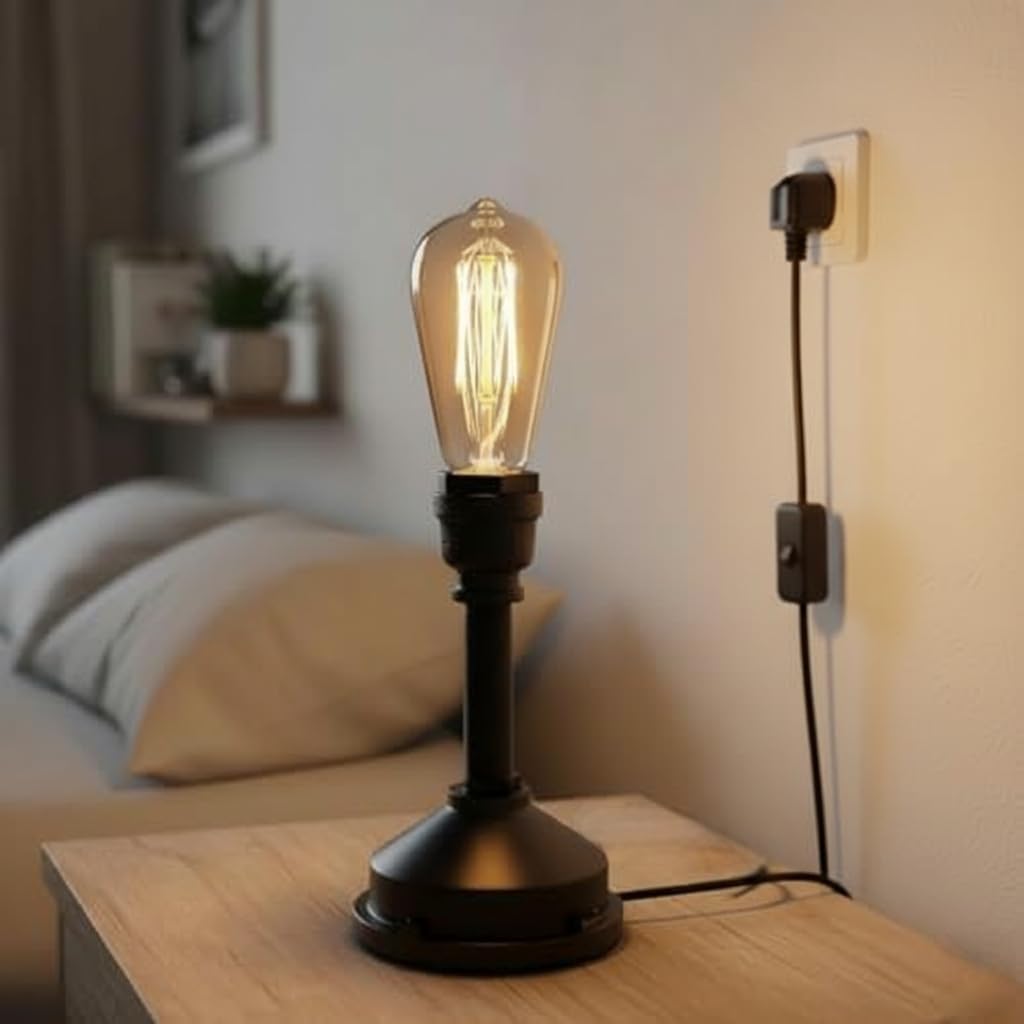 LEDSone Industrial Steampunk Pipe Table Lamp 21cm Black E27 Desk Light