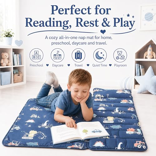 Image of Cotton Toddler Nap Mat for Boys,Roll Up Slumber Bags Dinosaur Pattern,Toddler Nap Mat with Removable Pillow and Blanket, Kids Sleeping Mat for Daycare,Preschool and Kindergarten-Navy Blue