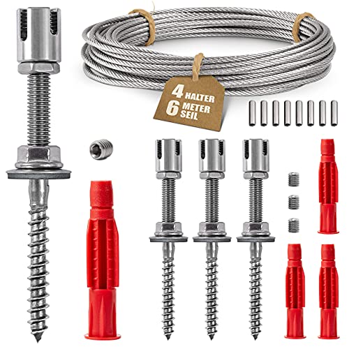 GARDELI® Rankhilfe aus Edelstahl für Kletterpflanzen, Profi-System als Komplettset mit Wandhaltern und 3mm Stahlseil (4 Halter, 6m Seil)