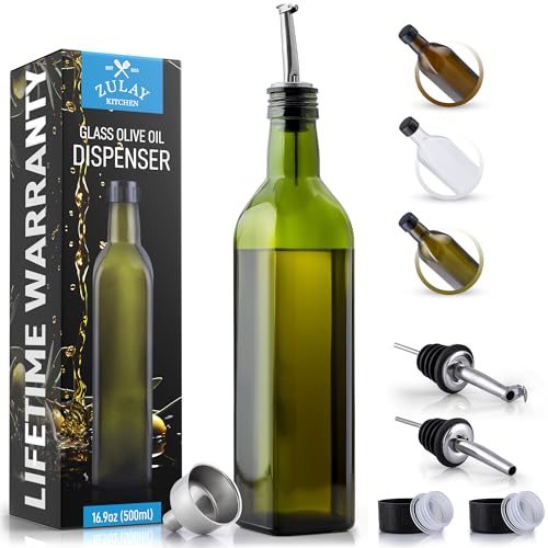 Comparison: Best Olive Oil Cruet Zulay Kitchen 17oz Olive Oil Dispenser Bottle – Glass Oil Cruet with Spout, Funnel & Pourers, Easy-Pour Decanter for Kitchen Cooking and Serving (Green)