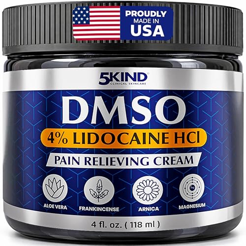 5Kind DMSO Cream with Lidocaine for Pain Relief 4 fl oz - 99.9% Pure DMSO Pharmaceutical Grade Cream - Lidocaine Cream with Aloe Vera Magnesium Arnica & Menthol - Registered NDC - Made in USA