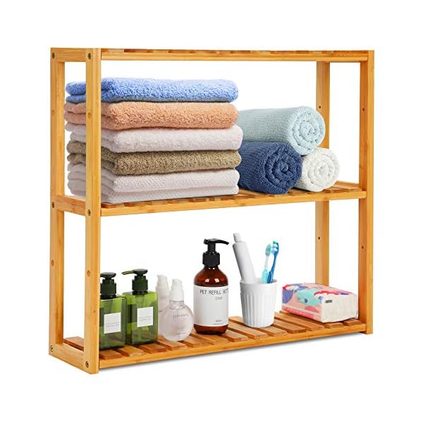 Bambus Badregal Hängeregal Kücheregal, 3-Etagen Aufbewahrungsregal Pflanzenregal, Wandregal Wandschrank Handtuchhalter mit Höhenverstellbar für Badezimmer Wohnzimmer Küche 60 x 15 x 54 cm