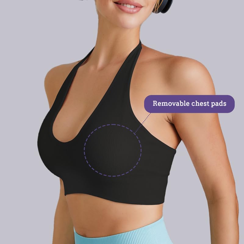Soutien-Gorge de Sport Femme Dos Nu Sexy décolleté en V Profond Halter Neck Push Up Rembourré sans Armature sans-Couture Bra Confort Yoga Pilates Fitness