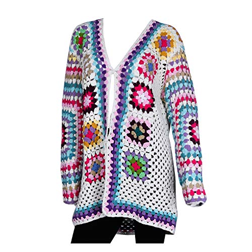 Shop Lc Handmade White With Multicolor Square Pattern Cotton Crochet Outerwear Cardigan For Women Winter Wear Front Open Long Sleeve Warm Sweaters Coat Size 1X Birthday Gifts #TOP23