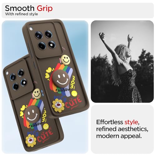 Image of Pikkme Back Cover for OnePlus 12R 5G | Soft Silicone| Cute Rainbow Smile & 3D Cartoon Flower Design | Shockproof Raised Camera Protection Bumper Case (Brown)