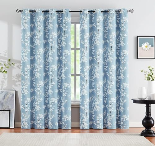 Image of BFAM Store Floral Print 100% Blackout Curtain with Black Linning at Back, Floral Print Curtains for Bedroom /Living RoomThermal Insulated Energey Saving Blossom Curtain, Sold as Single Curtain