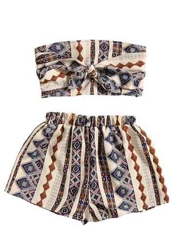 Image of WDIRARA Girl's 2 Piece Summer Outfits Sets Geometric Print Knot Front Strapless Tube Tops and Shorts Sets