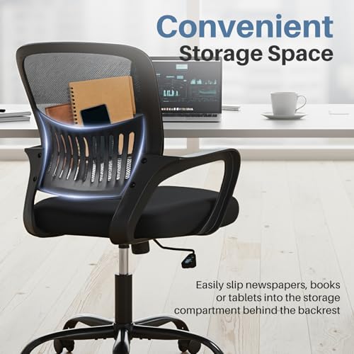Image of DUMOS Home Office Chair, Computer Desk Chair, Lumbar Support | Ergonomic Mid Back Mesh, Height Adjustable Fixed Armrest, Rocking Mode 360 Swivel, Computer Conference, Black