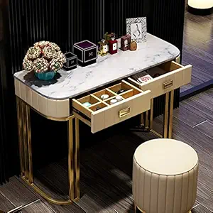 Vandana Interiors Faux Marble Tabletop Dressing Makeup Table with Drawers Metal Base in Gold